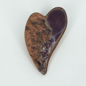 Handmade OOAK Heart Brooch Pin‎ Purple Textured Glazed Pottery Artsy